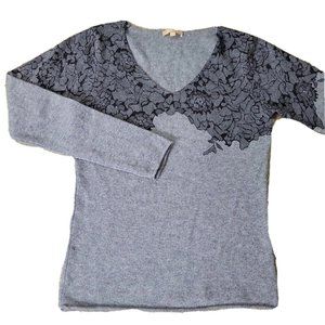 Kier + J2 Women's M Gray Black Lace Print Cashmere Sweater V-Neck Rolled Hem LS